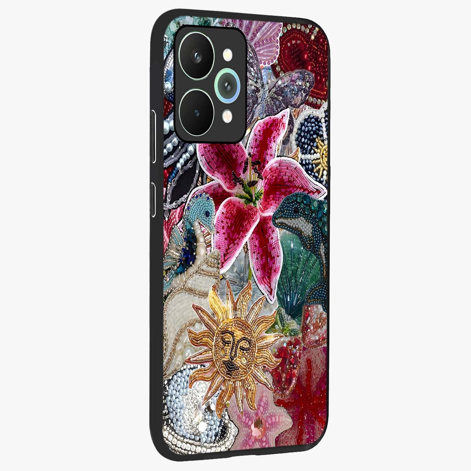 Beaded Garden Fantasy Glass Case upright view showcasing whimsical garden aesthetic with artistic bead details.
