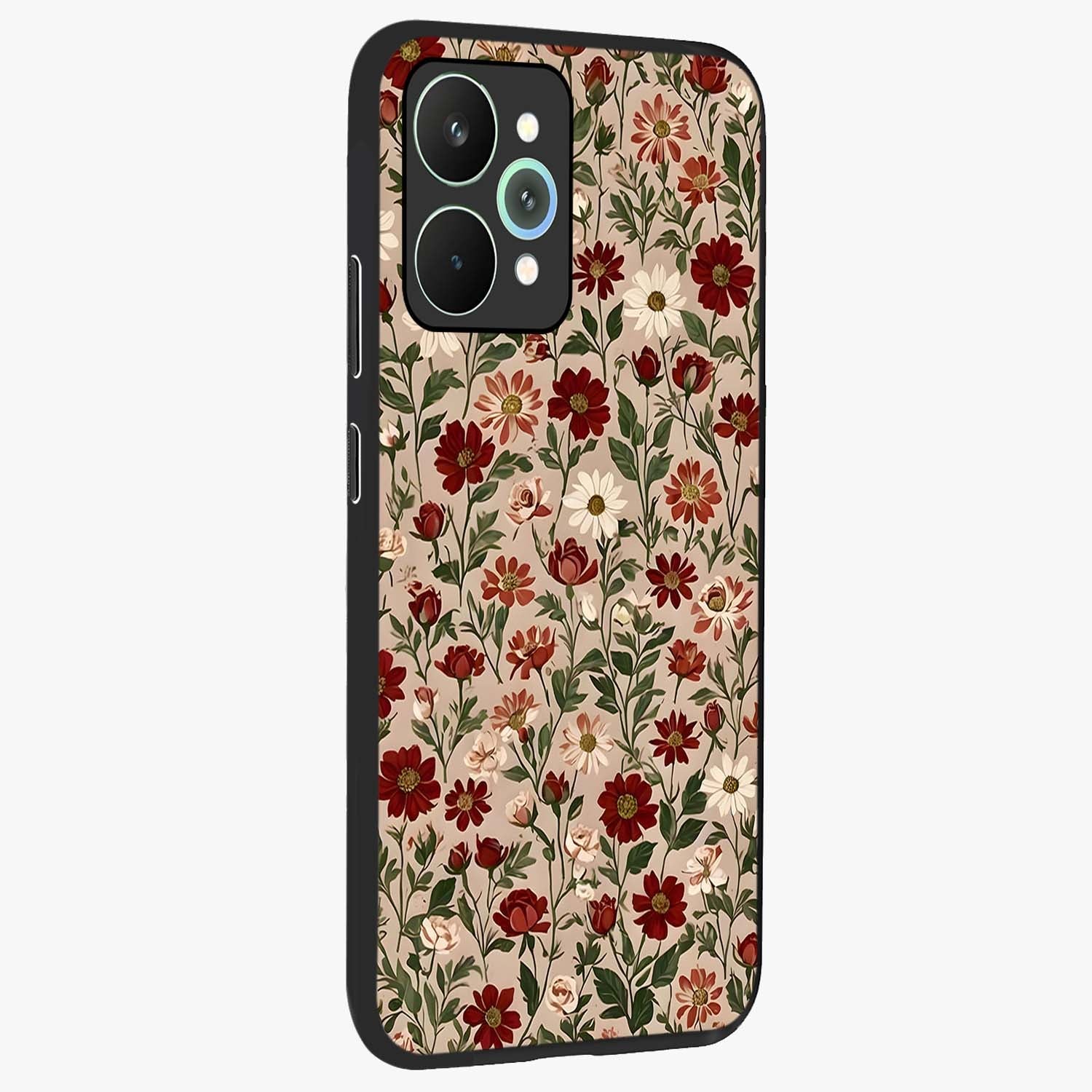 Biege Flower With Leaf Glass Case upright view showcasing delicate beige flower illustration with clean botanical style.