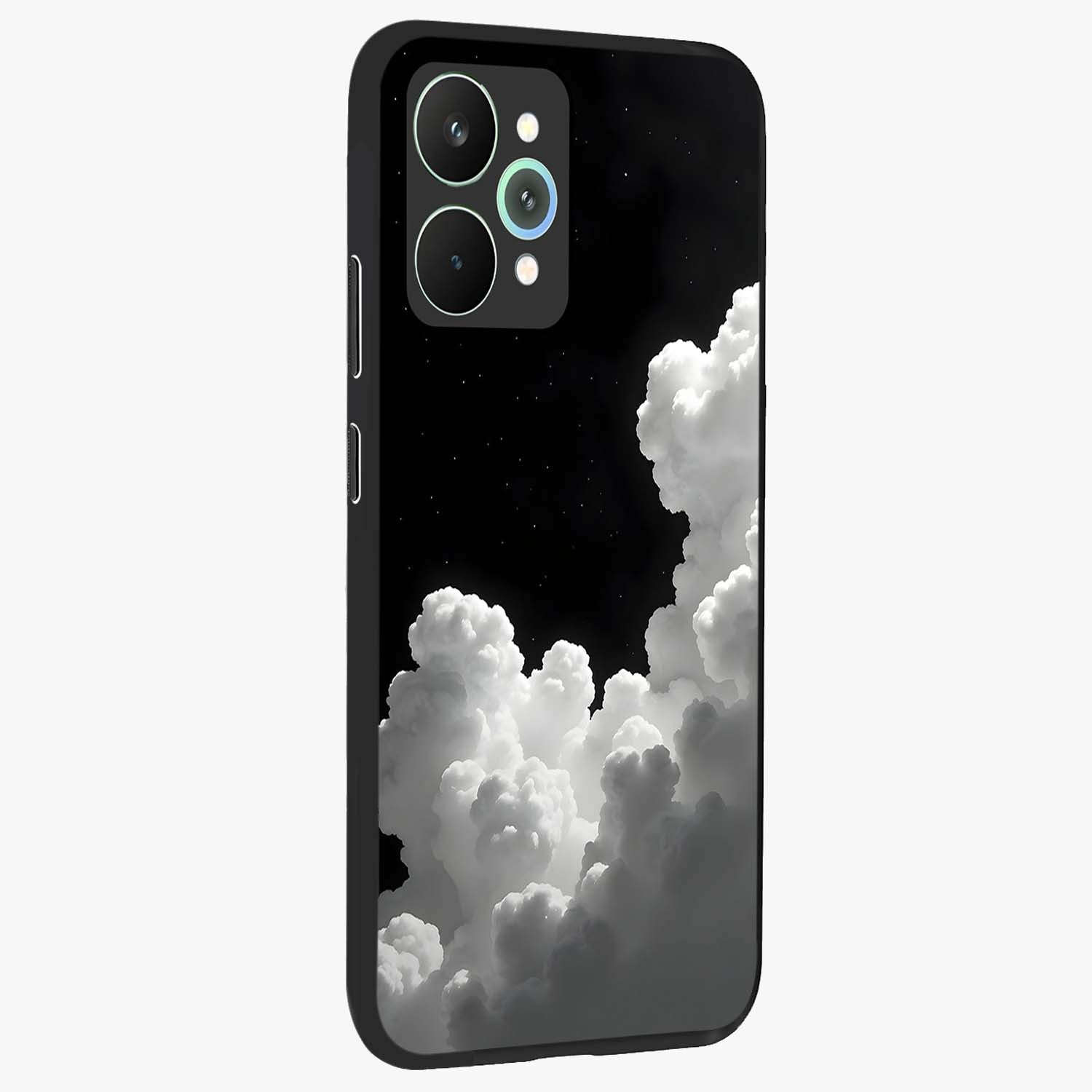 Black Background With White Cloud Glass Case upright view showcasing calm cloud aesthetic with modern minimal style.