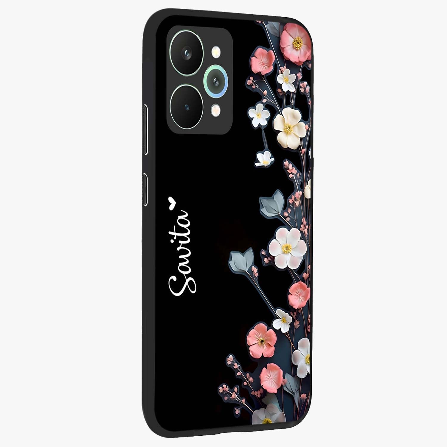 Black Elegance Floral Custom Name Glass Case upright view showcasing luxurious black floral design with personalized name detail.