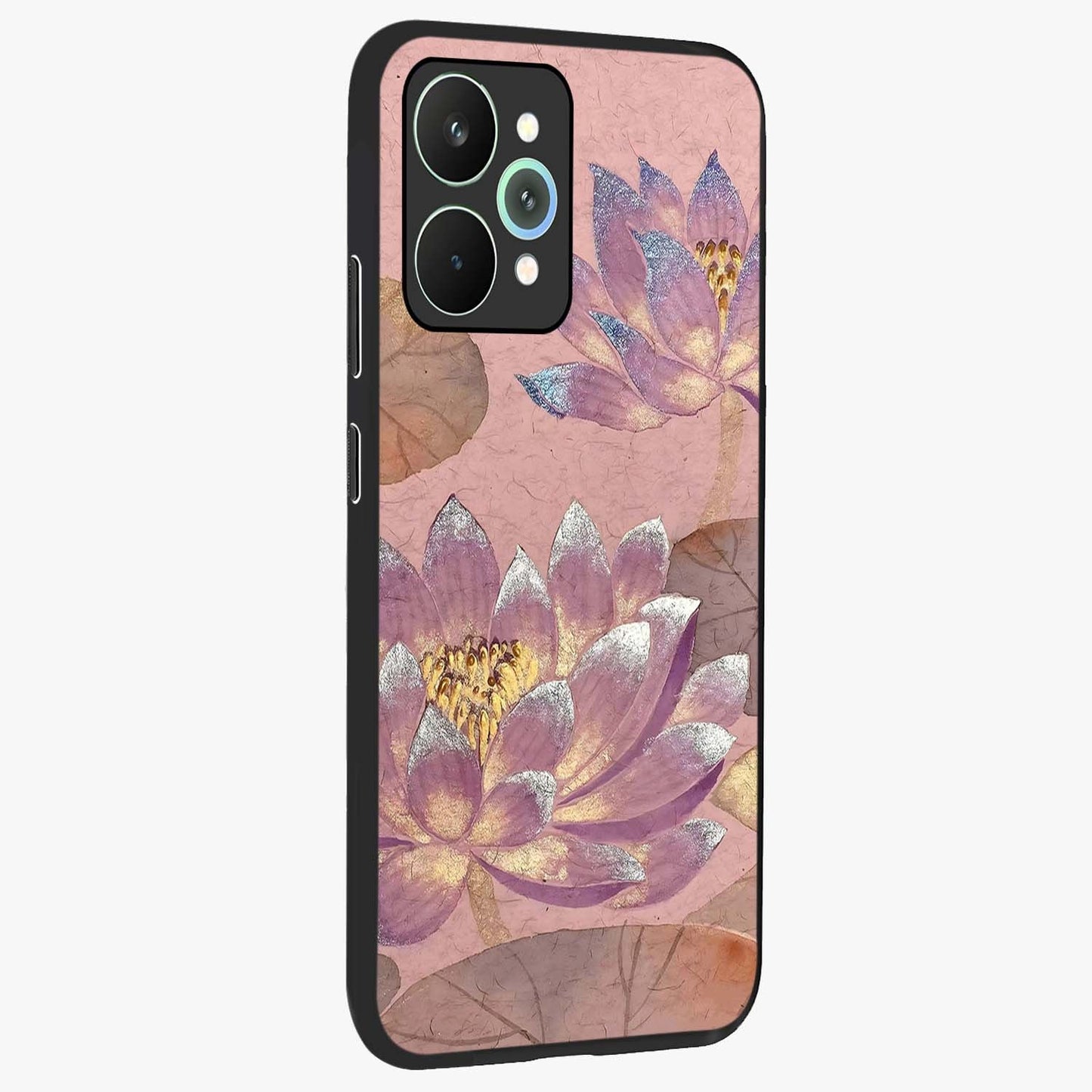 Blossom Mist Lotus Glass Case upright view showcasing graceful lotus flower design with peaceful botanical style.