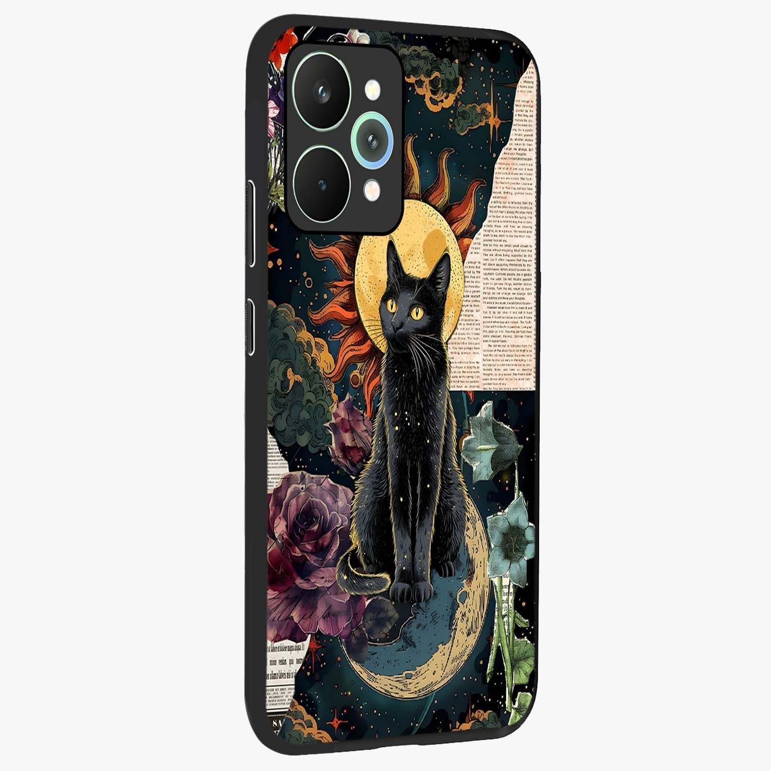 Celestial Black Cat Glass Case upright view showcasing magical black cat illustration with starry cosmic theme.