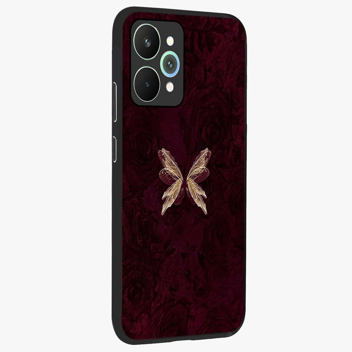 Crimson Fade Butterfly Glass Case upright view showcasing graceful butterfly artwork with soft crimson fade effect.