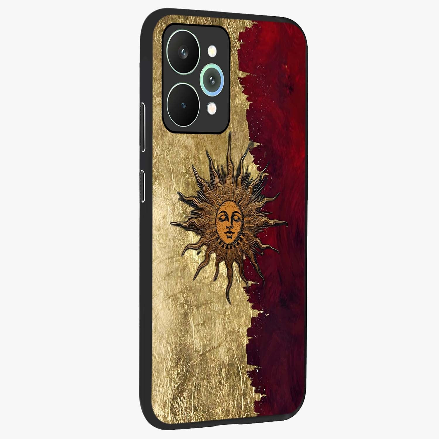 Crimson Sun Majesty Glass Case upright view showcasing vibrant sun artwork with powerful celestial theme.