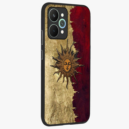 Crimson Sun Majesty Glass Case upright view showcasing vibrant sun artwork with powerful celestial theme.