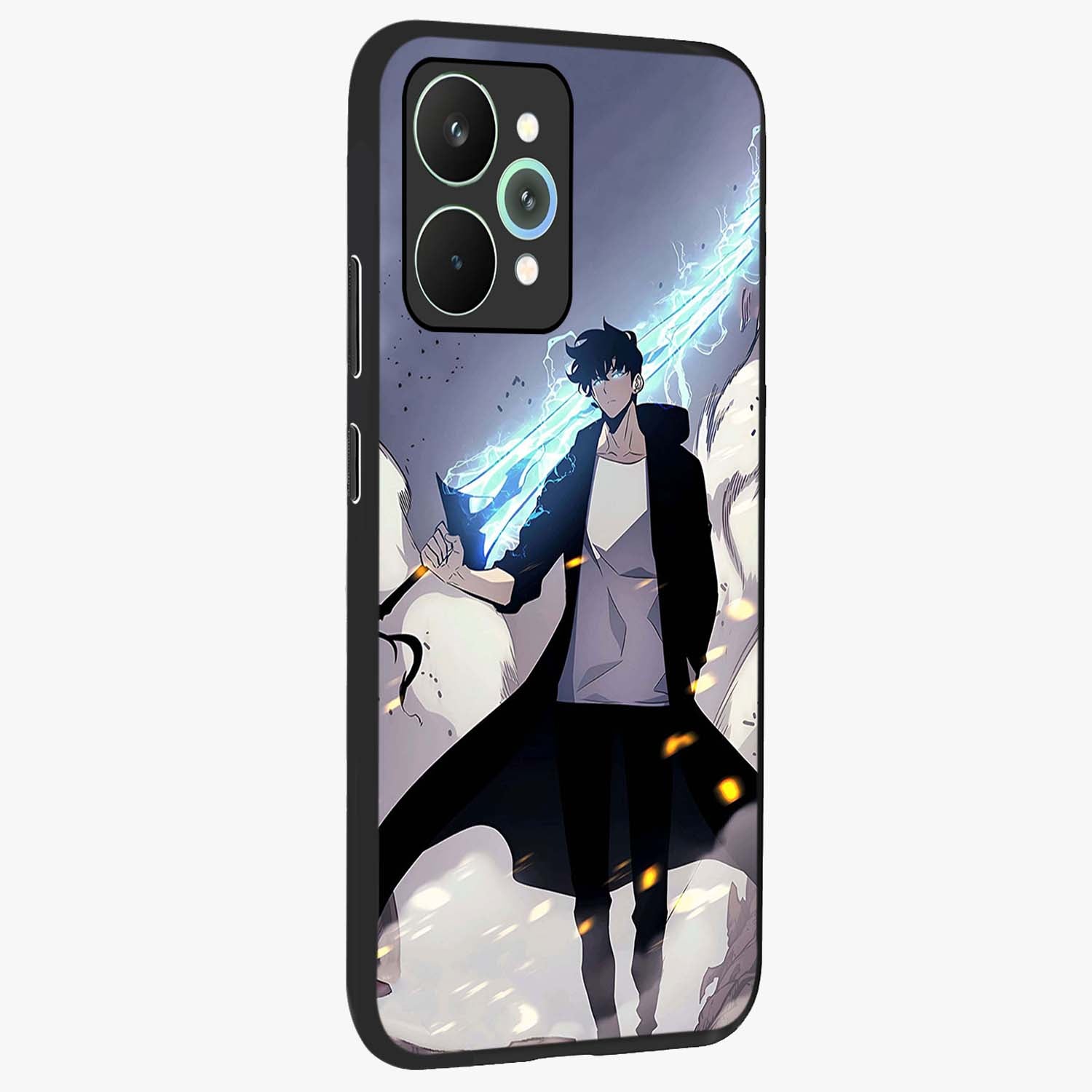 Dark Lightning Anime Warrior Glass Case upright view showcasing dramatic warrior artwork with dark lightning aesthetic.