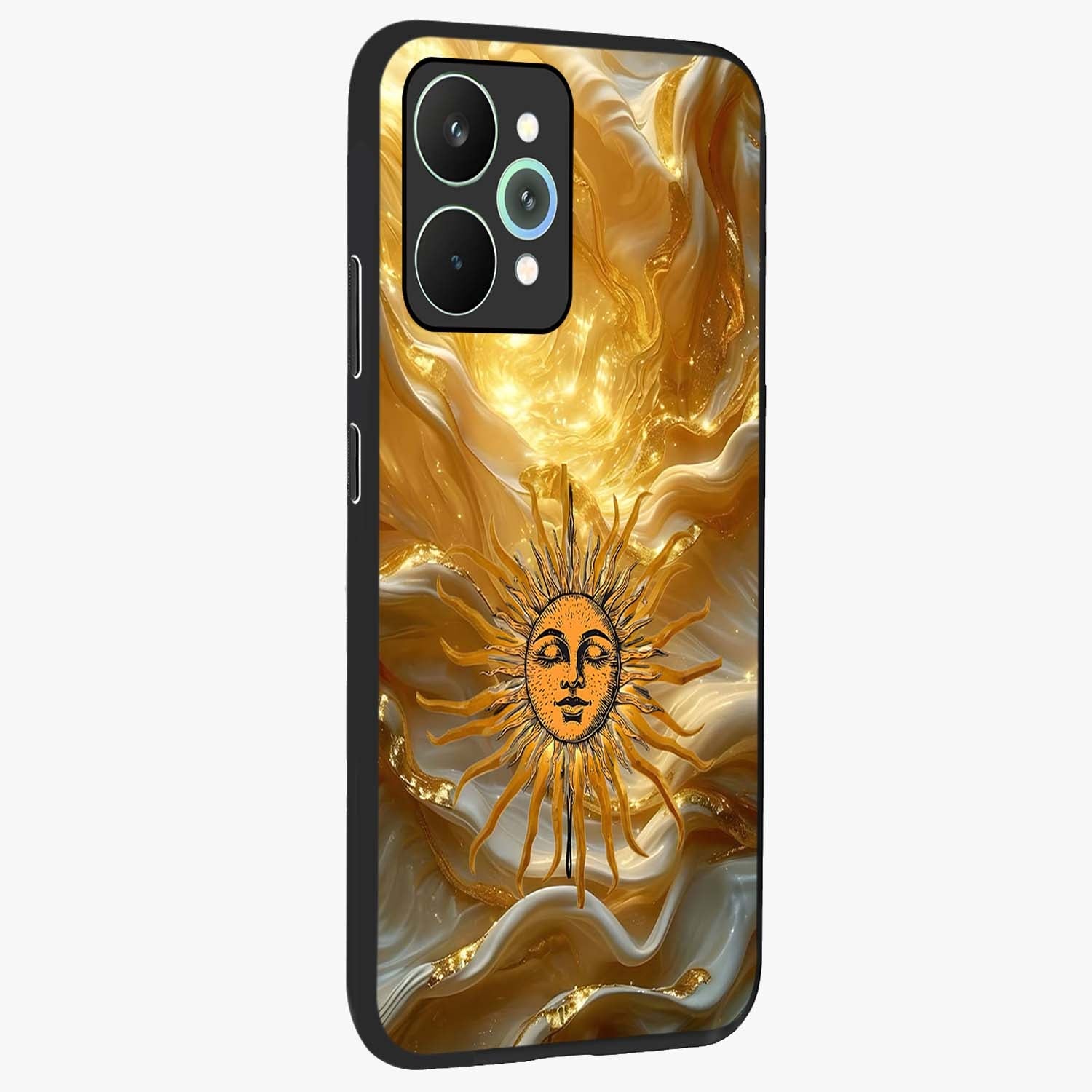 Eternal Golden Glow Glass Case upright view showcasing luminous golden artwork with luxurious visual theme.