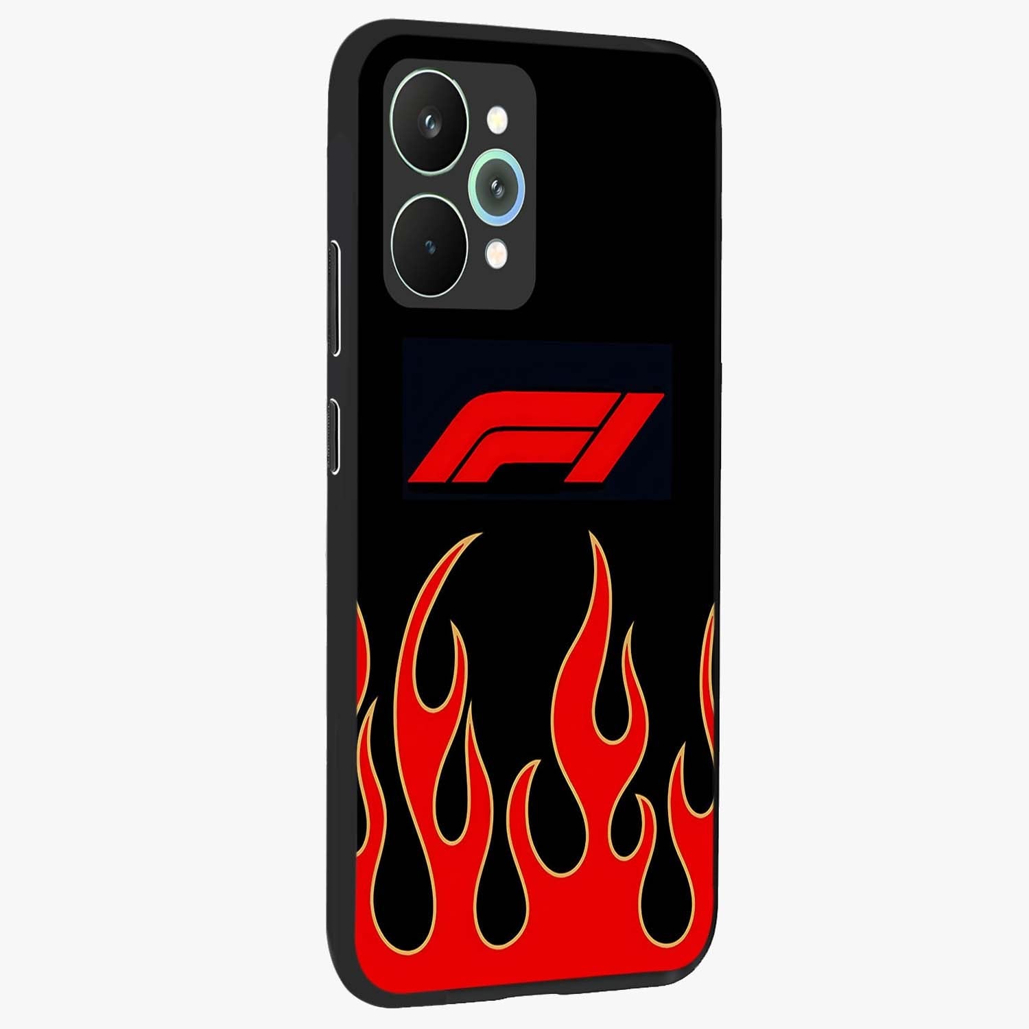 Fire F11 Glass Case upright view showcasing dynamic flame artwork with intense visual theme.