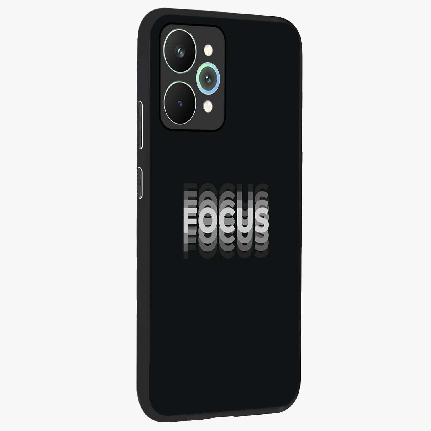 Focus Mode On Glass Case upright view showcasing strong typography statement with sleek motivational theme.