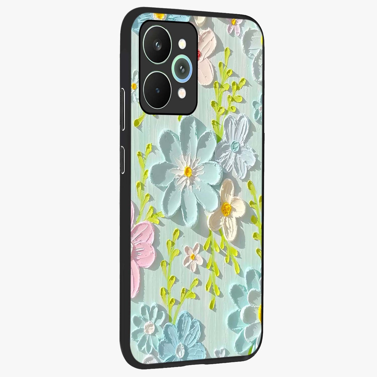 Frosted Petal Garden Glass Case upright view showcasing elegant floral garden artwork with soothing pastel theme.