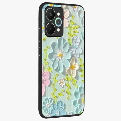 Frosted Petal Garden Glass Case upright view showcasing elegant floral garden artwork with soothing pastel theme.