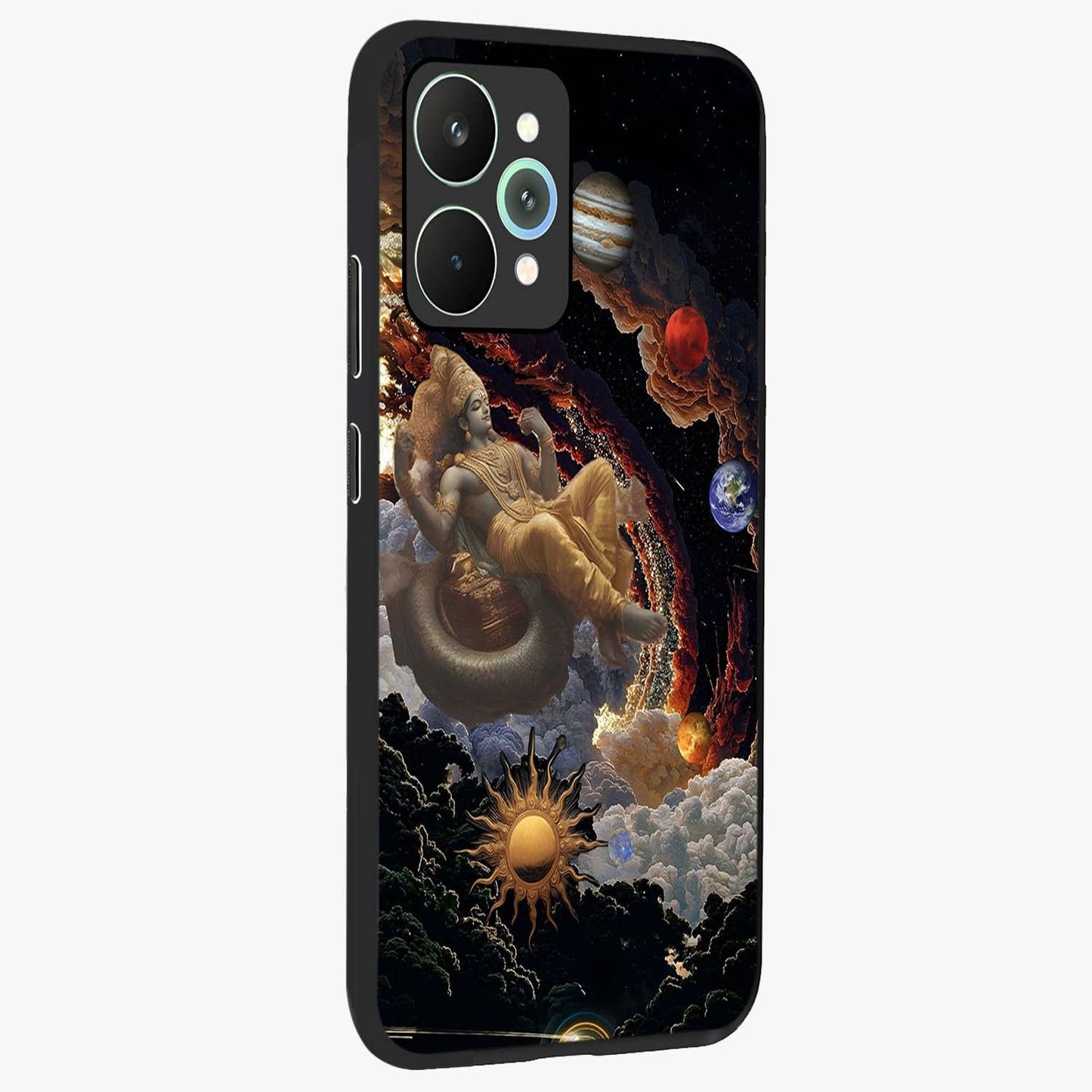 Galactic Divine God Glass Case upright view showcasing mystical divine artwork with dramatic cosmic theme.