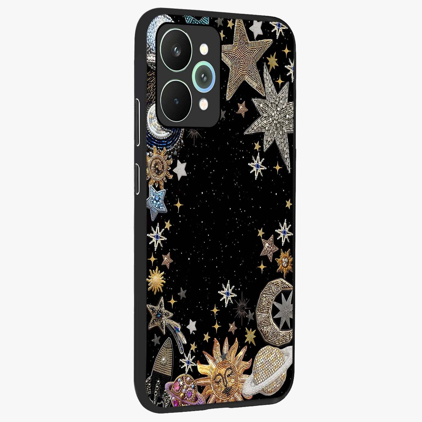 Galactic Jewel Stars Glass Case upright view showcasing glittering star jewel artwork with vibrant galaxy theme.