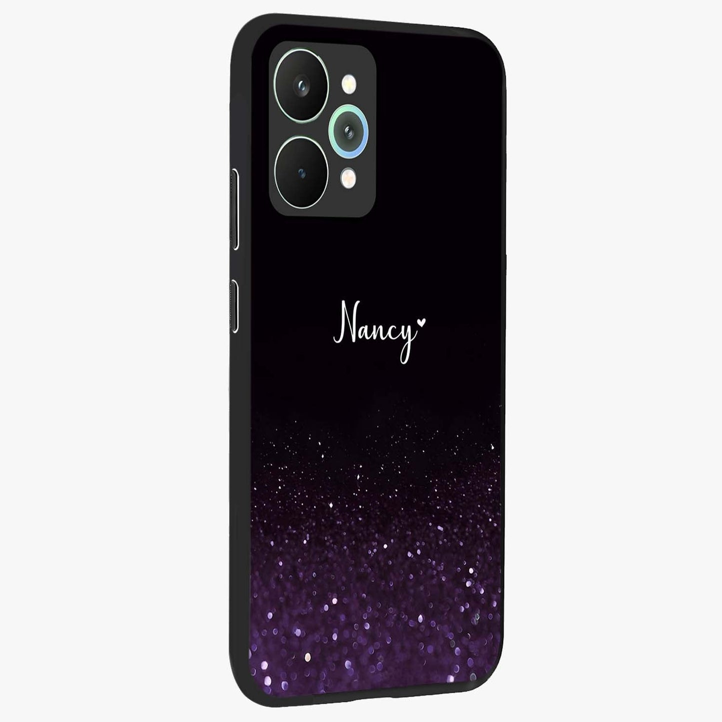 Glittery Purple Bokeh Custom Name Glass Case upright view showcasing vibrant purple sparkle artwork with personalized aesthetic style.