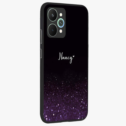 Glittery Purple Bokeh Custom Name Glass Case upright view showcasing vibrant purple sparkle artwork with personalized aesthetic style.