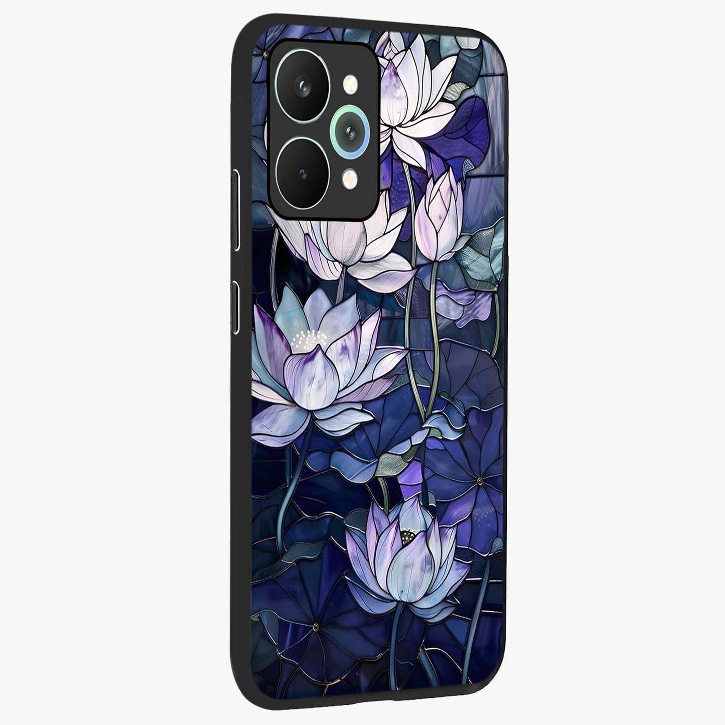 Gloss Petal Rush Glass Case upright view showcasing dynamic floral petal artwork with modern botanical theme.