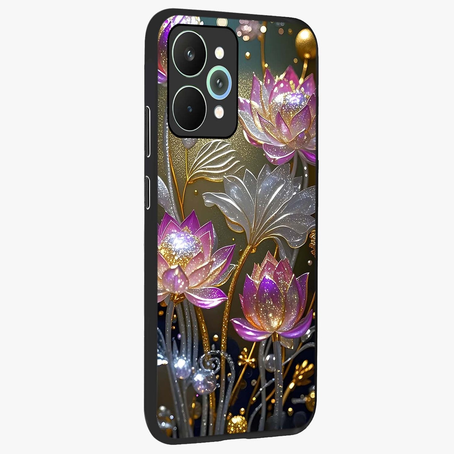 Golden Floral Majesty Glass Case upright view showcasing majestic floral artwork with rich decorative theme.