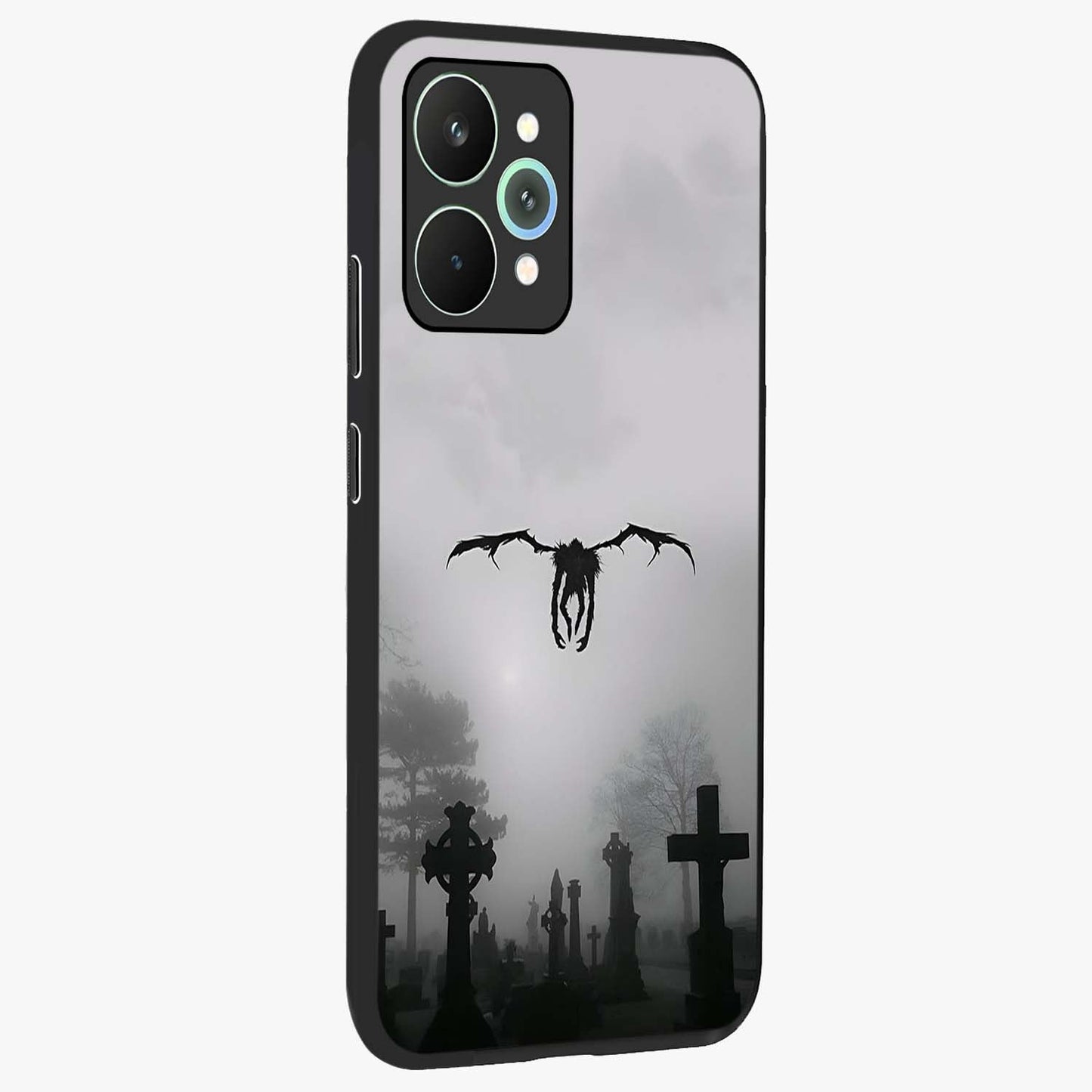 Graveyard Shadow Descent Glass Case upright view showcasing haunting graveyard artwork with dramatic dark theme.