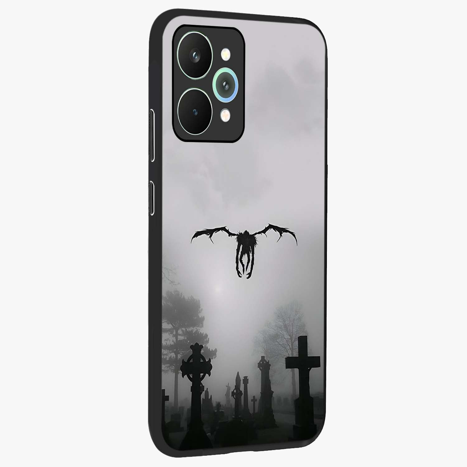 Graveyard Shadow Descent Glass Case upright view showcasing haunting graveyard artwork with dramatic dark theme.