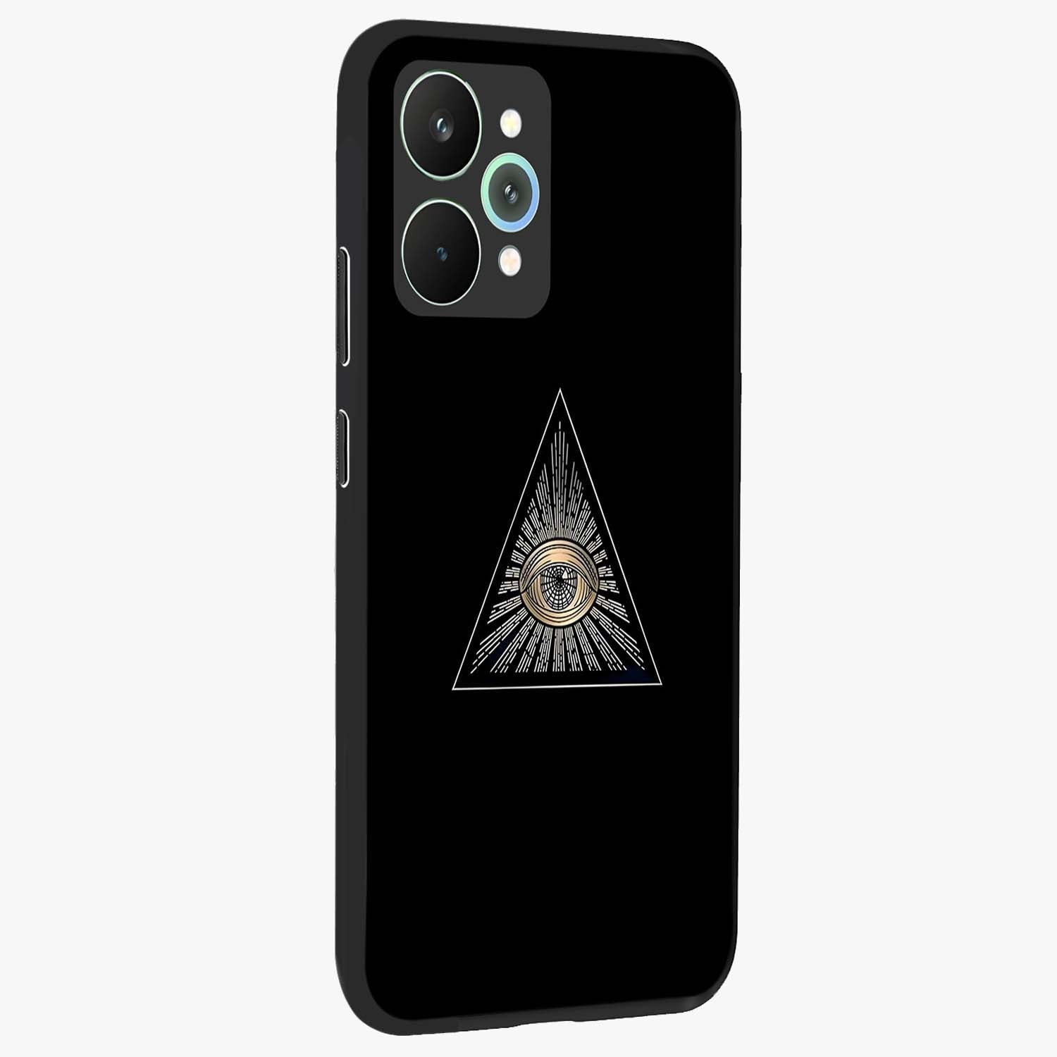 Illuminati Evil Glass Case upright view showcasing striking illuminati artwork with mysterious symbolic theme.