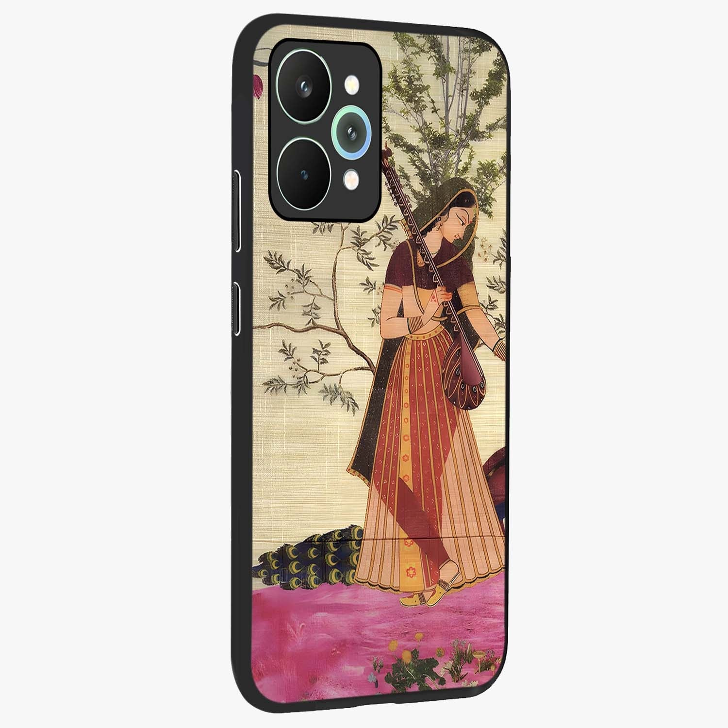Lady With Veena Art Glass Case upright view showcasing classical veena artwork with traditional artistic theme.