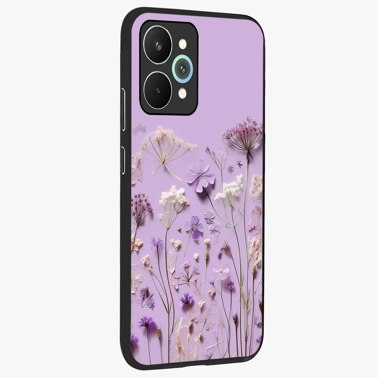 Lavender Blossom Dream Glass Case upright view showcasing delicate lavender blossom artwork with peaceful floral theme.