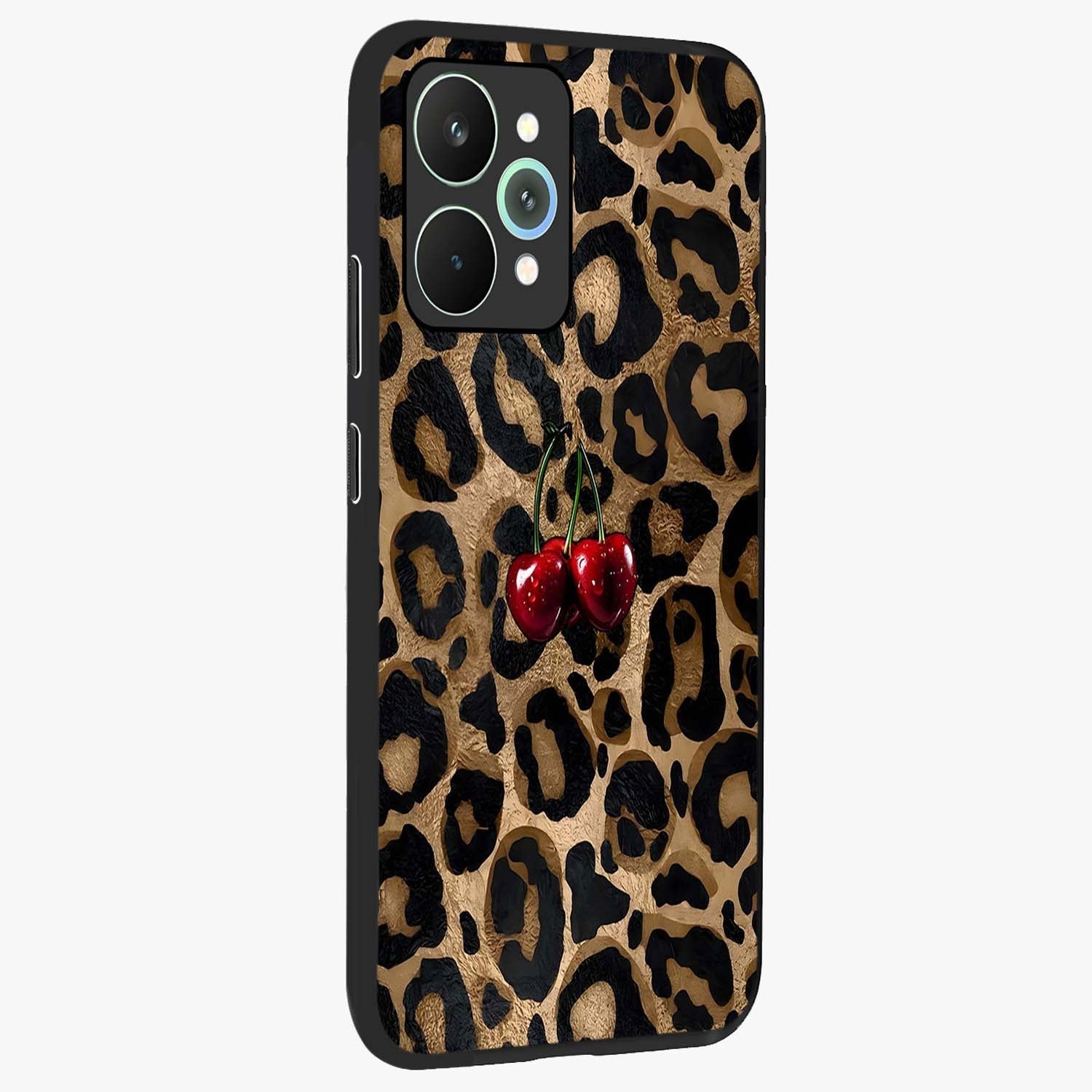 Leopard Wild Cherry Glass Case upright view showcasing stylish leopard pattern artwork with trendy fashion theme.
