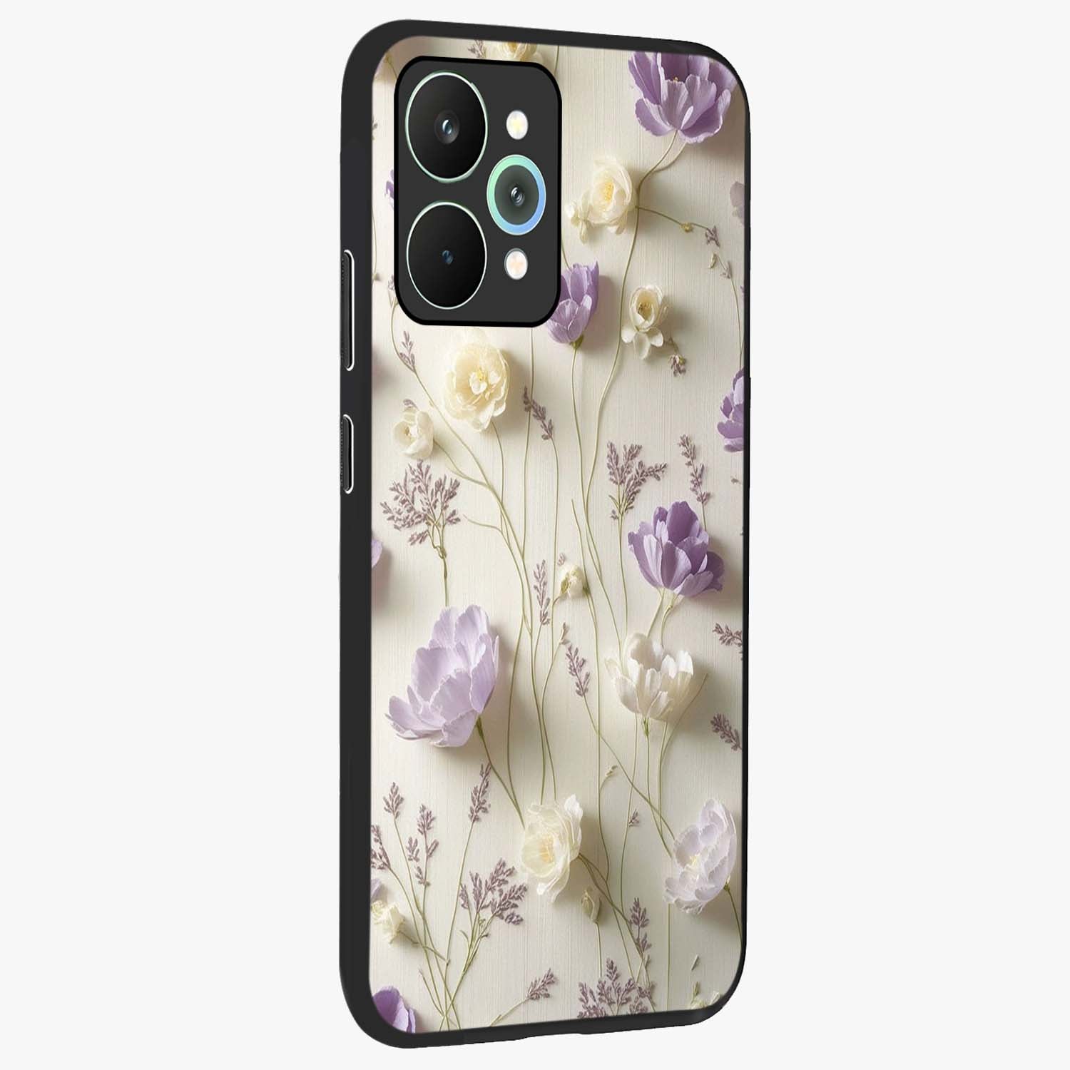 Lilac Breeze Harmony Glass Case upright view showcasing delicate lilac artwork with peaceful floral theme.