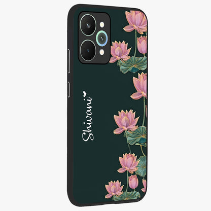 Lotus Bloom Serenity Custom Name Glass Case upright view showcasing serene lotus bloom artwork with personalized floral aesthetic.