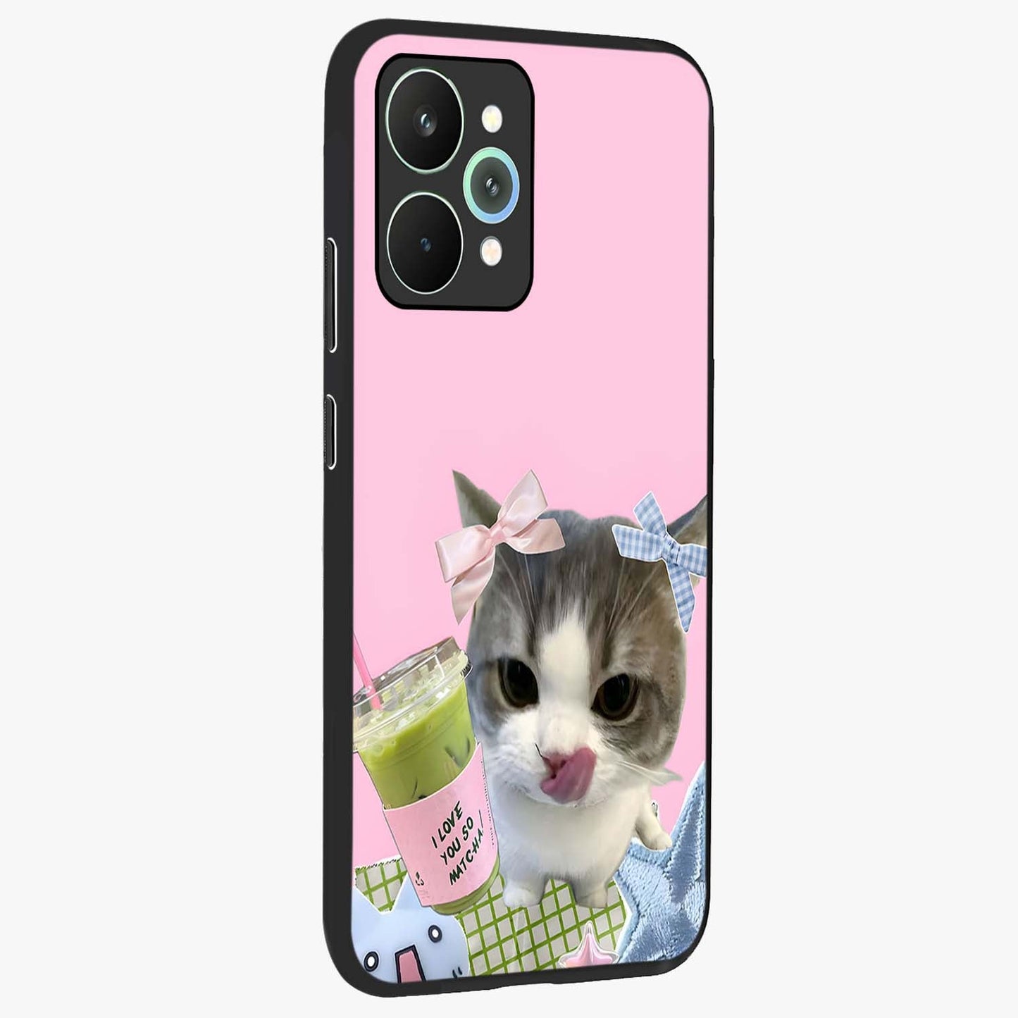 Love Matcha Cat Glass Case upright view showcasing adorable cat artwork with charming matcha themed design.