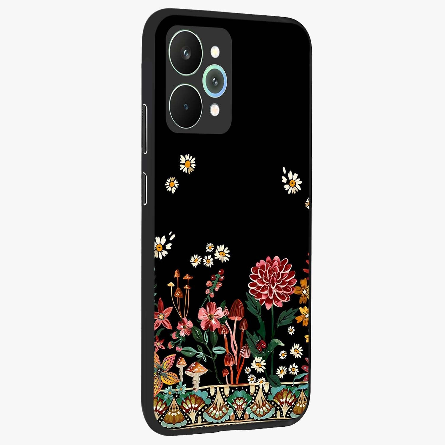 Midnight Bloom Pattern Glass Case upright view showcasing decorative floral artwork with deep night themed palette.