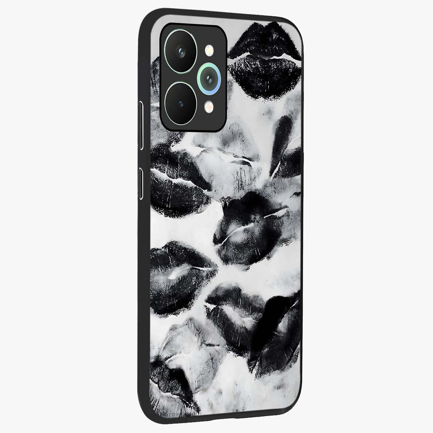 Midnight Kiss Marks Glass Case upright view showcasing stylish kiss mark artwork with trendy romantic theme.