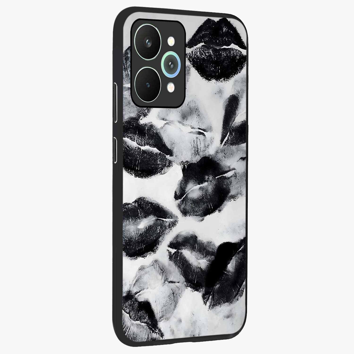 Midnight Kiss Marks Glass Case upright view showcasing stylish kiss mark artwork with trendy romantic theme.