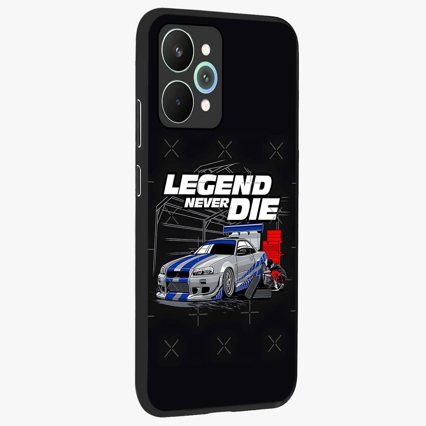 Midnight Racing Legacy Glass Case upright view showcasing powerful racing artwork with modern sports theme.