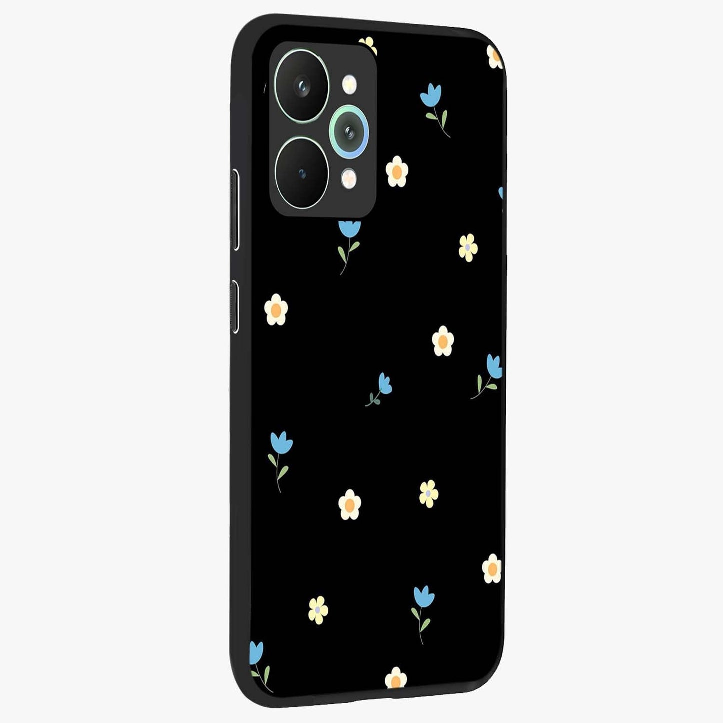 Minimal Petal Whispers Glass Case upright view showcasing elegant floral artwork with modern minimalist style.