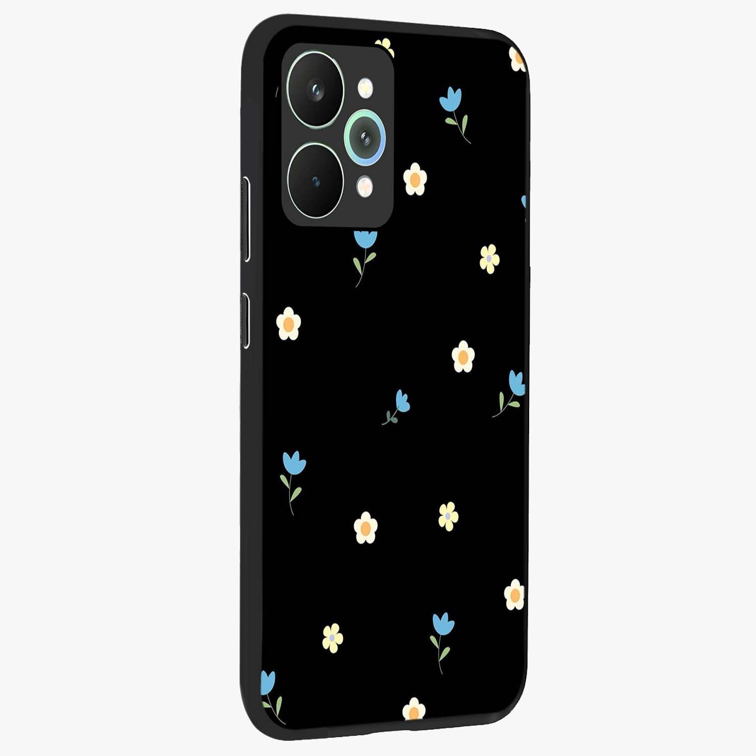 Minimal Petal Whispers Glass Case upright view showcasing elegant floral artwork with modern minimalist style.
