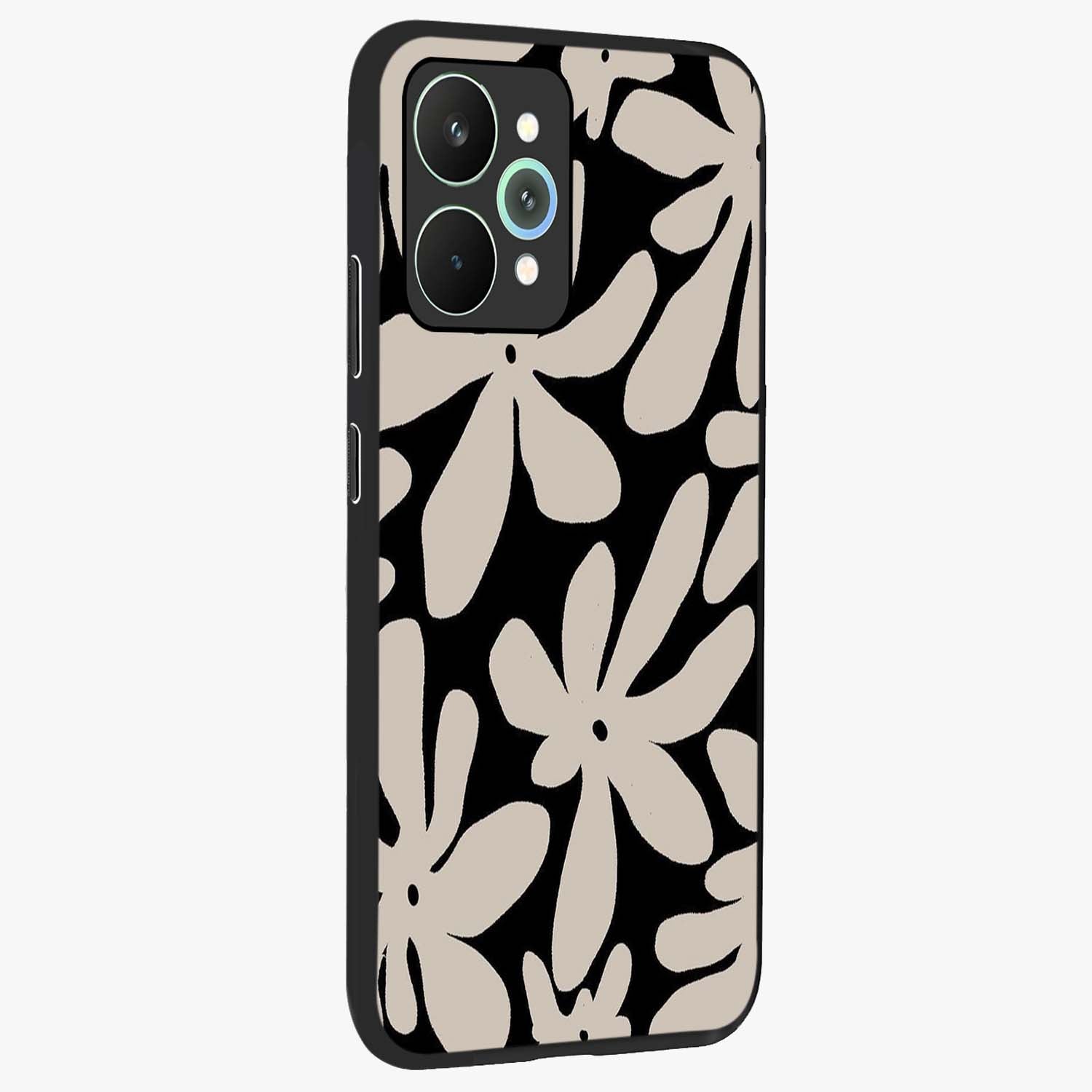 Monochrome Petal Dance Glass Case upright view showcasing artistic floral pattern with stylish monochrome theme.