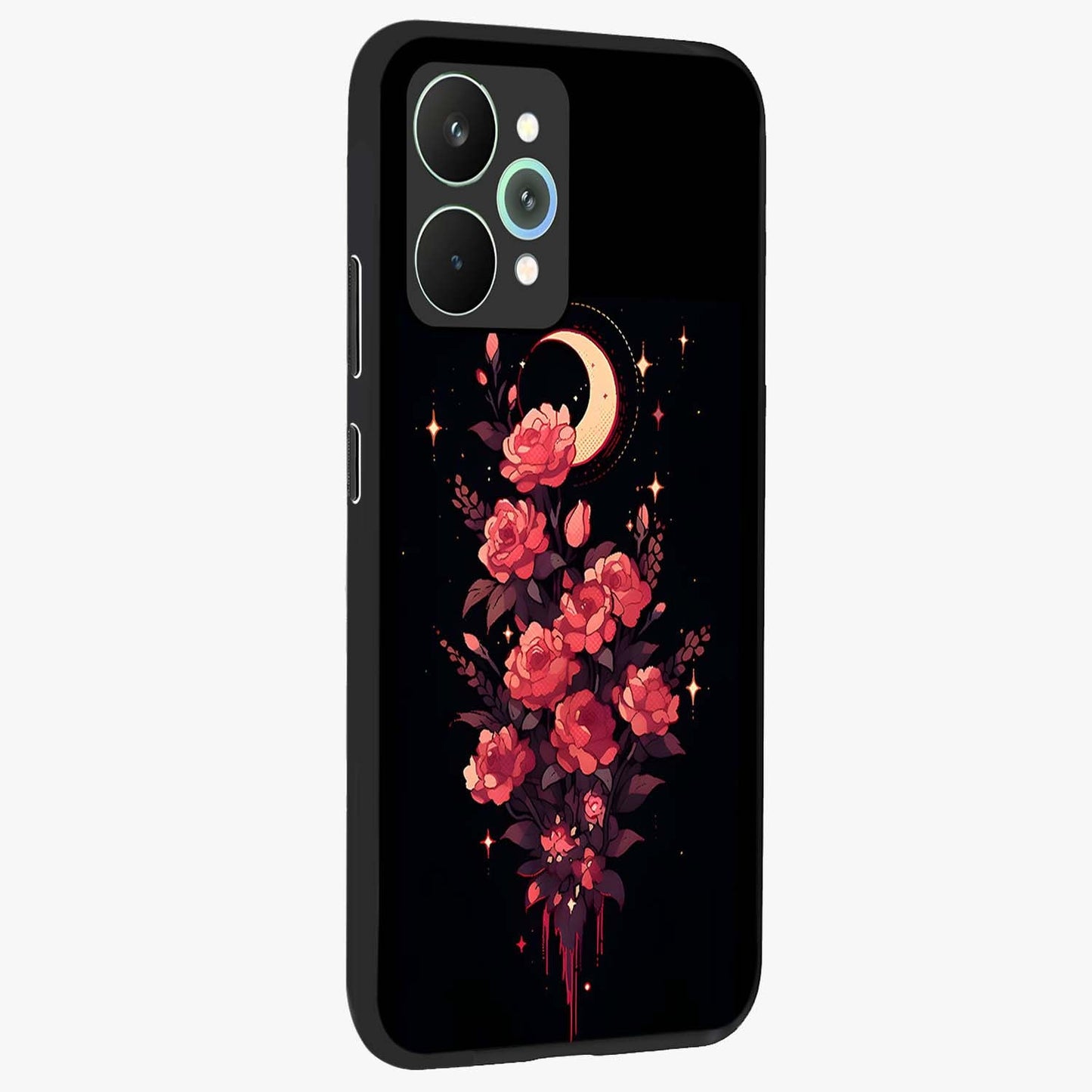 Moonlit Floral Elegance Glass Case upright view showcasing delicate floral artwork with refined night inspired theme.