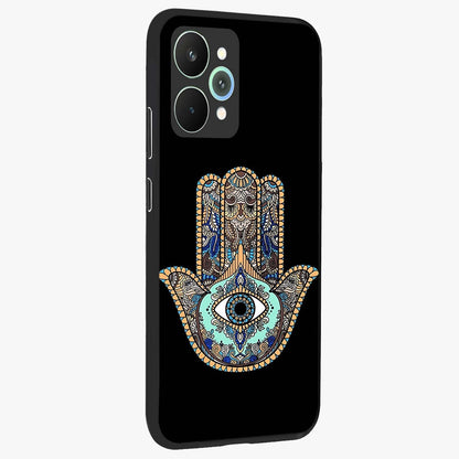 Mystic Hamsa Eye Glass Case upright view showcasing detailed hamsa eye artwork with protective spiritual theme.