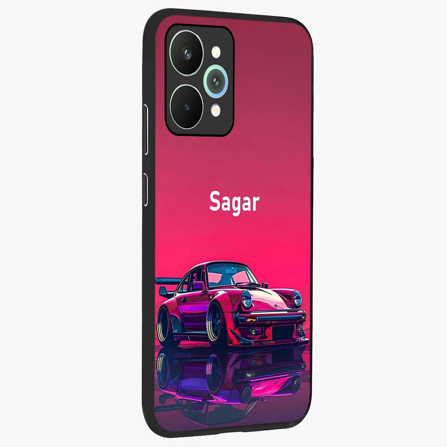 Neon Pink Porsche Glass Case upright view showcasing vibrant sports car artwork with bold automotive theme.