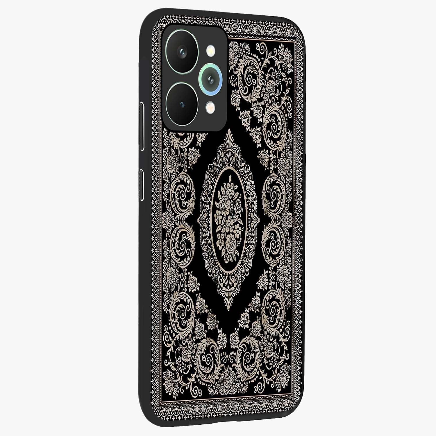 Noir Bloom Elegance Glass Case upright view showcasing graceful floral artwork with luxurious dark theme.
