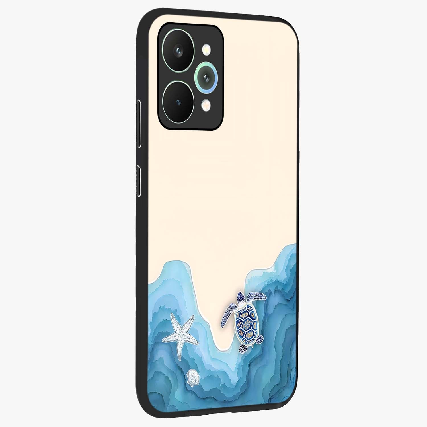 Ocean Drift Turtle Glass Case upright view showcasing calm underwater turtle artwork with nature inspired theme.