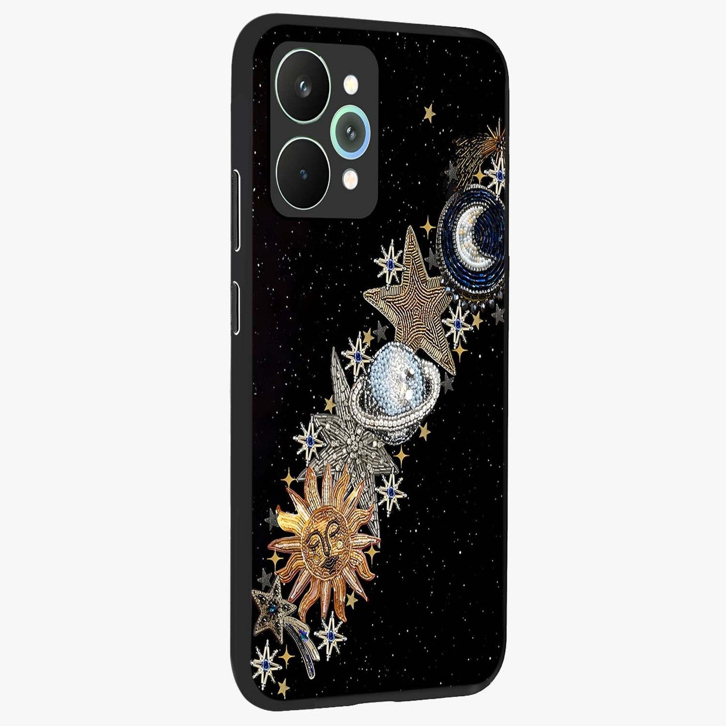 Pearls Universe Object Glass Case upright view showcasing decorative pearl themed artwork with cosmic elegance.