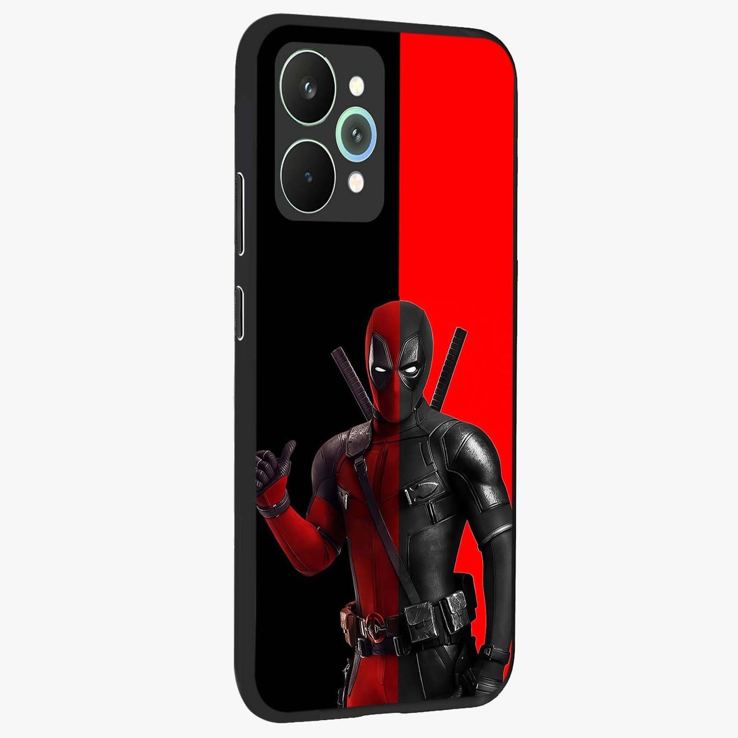 Red & Black Deadpool Theme Glass Case upright view showcasing energetic comic themed artwork with striking red and black design.
