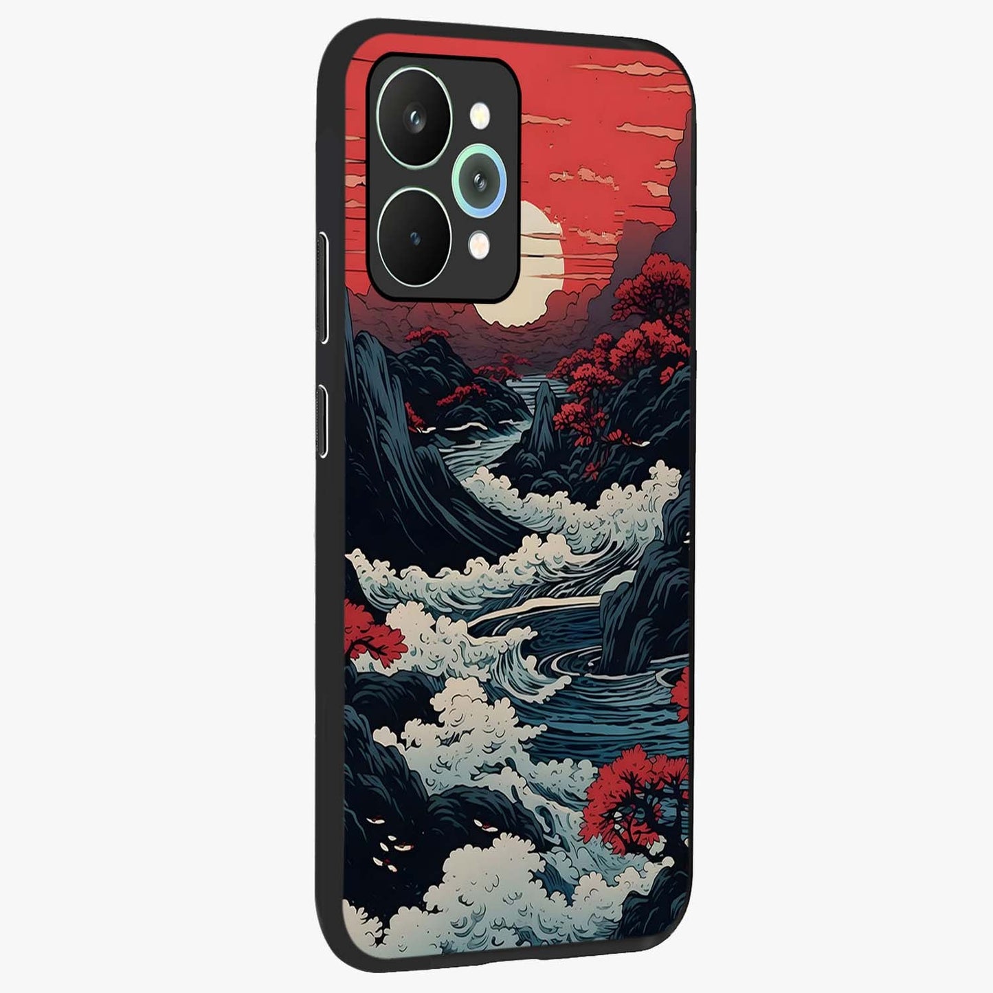 Red Sunset Scenery Glass Case upright view showcasing dramatic sunset scenery artwork with warm nature theme.