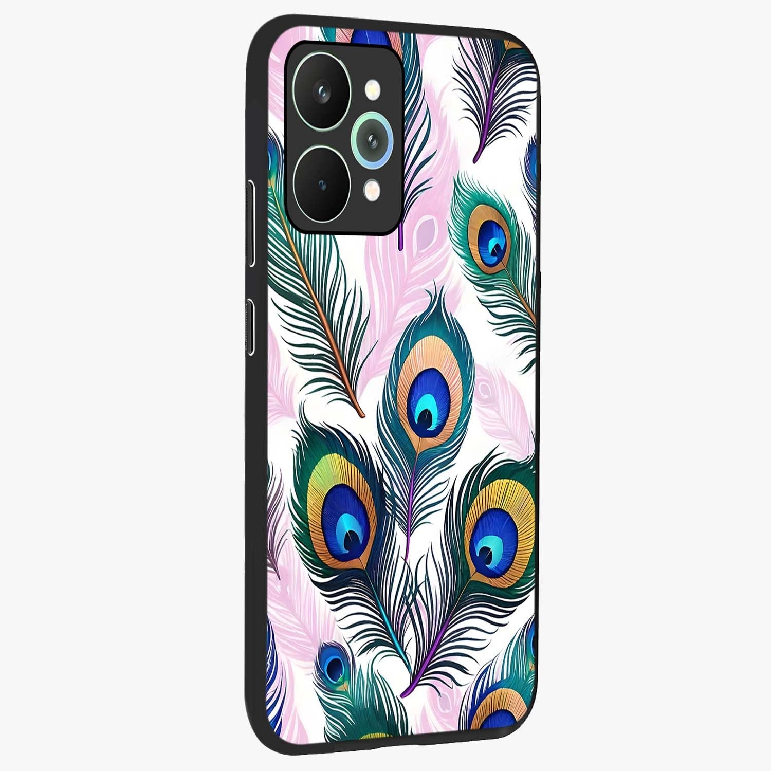 Royal Peacock Feathers Glass Case upright view showcasing elegant peacock feather artwork with decorative royal theme.