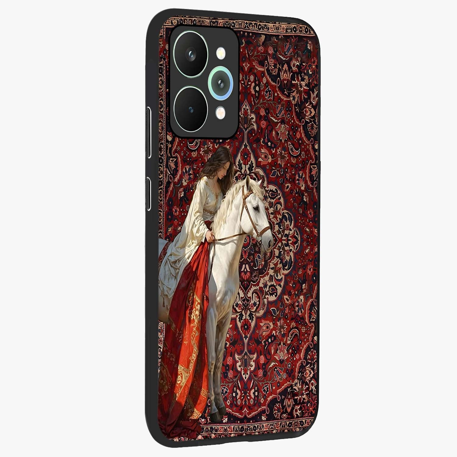 Royal Rider Tapestry Glass Case upright view showcasing detailed rider artwork with classic tapestry theme.