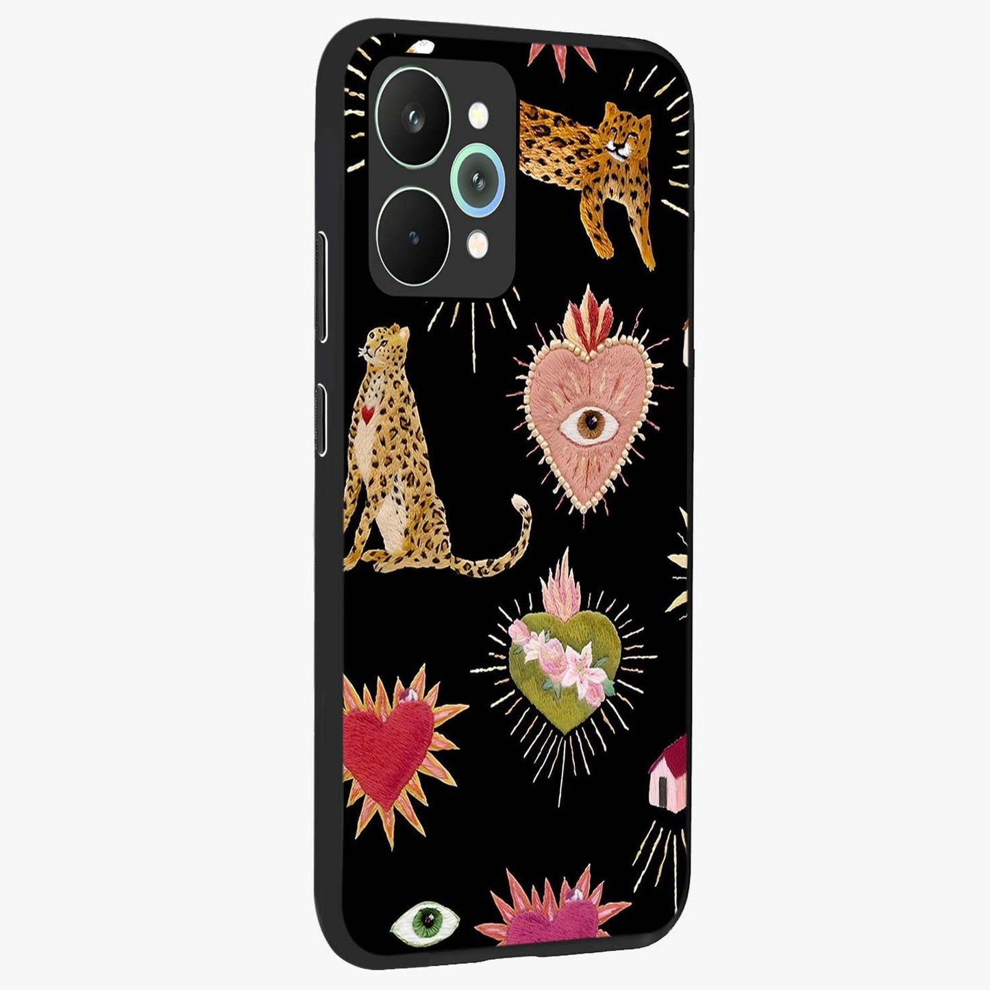 Sacred Jungle Heart Glass Case upright view showcasing vibrant jungle artwork with symbolic heart theme.
