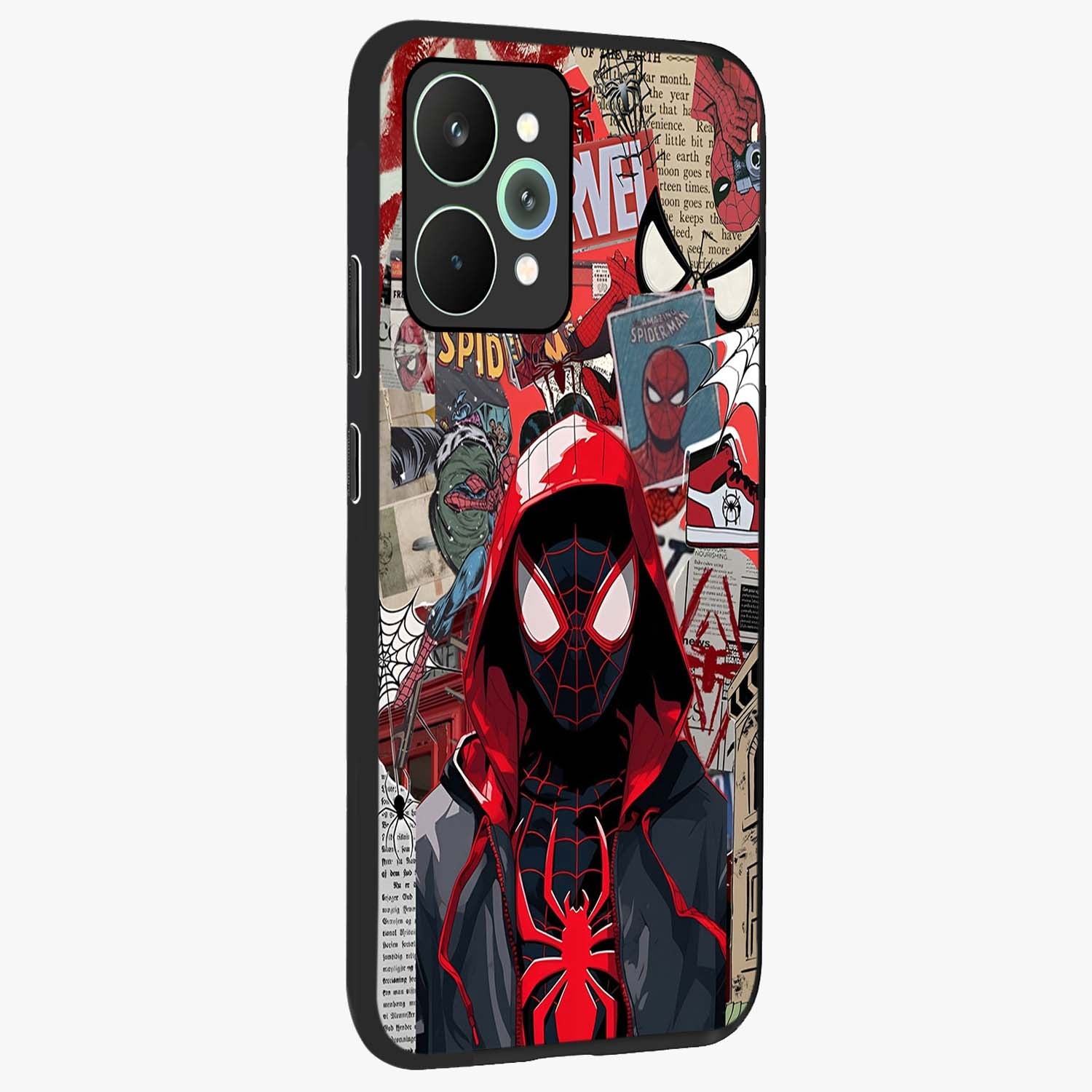 Spider Collage Street Glass Case upright view showcasing bold superhero artwork with urban street theme.