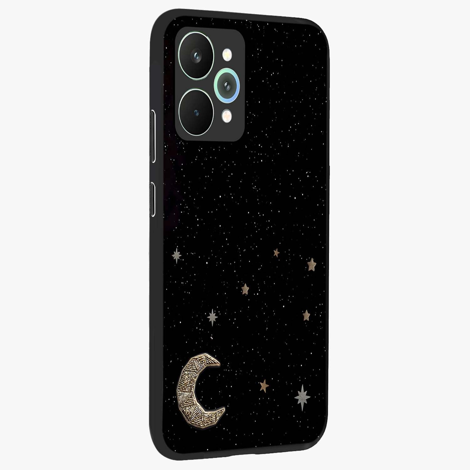 Twinkle Star With Half Moon Glass Case upright view showcasing glowing cosmic artwork with dreamy night theme.